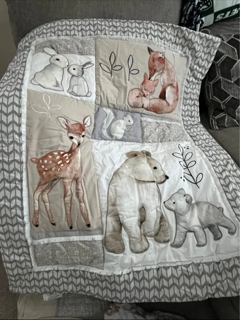 Woodland Friends Nursery Quilt - Neutral Tan & White, crib sheet and bed shirt
